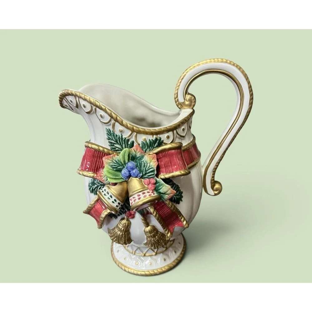 Fitz & Floyd Classics Christmas Deer Bow Bells Serving Pitcher Vase Bells Ribbon